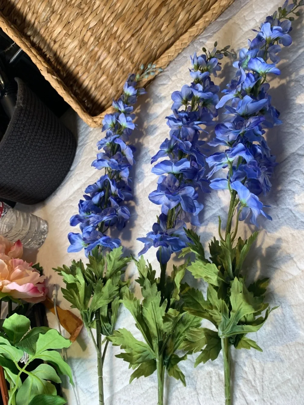 5 Faux floral stems-blue Delphiums, peachy pink peonies.